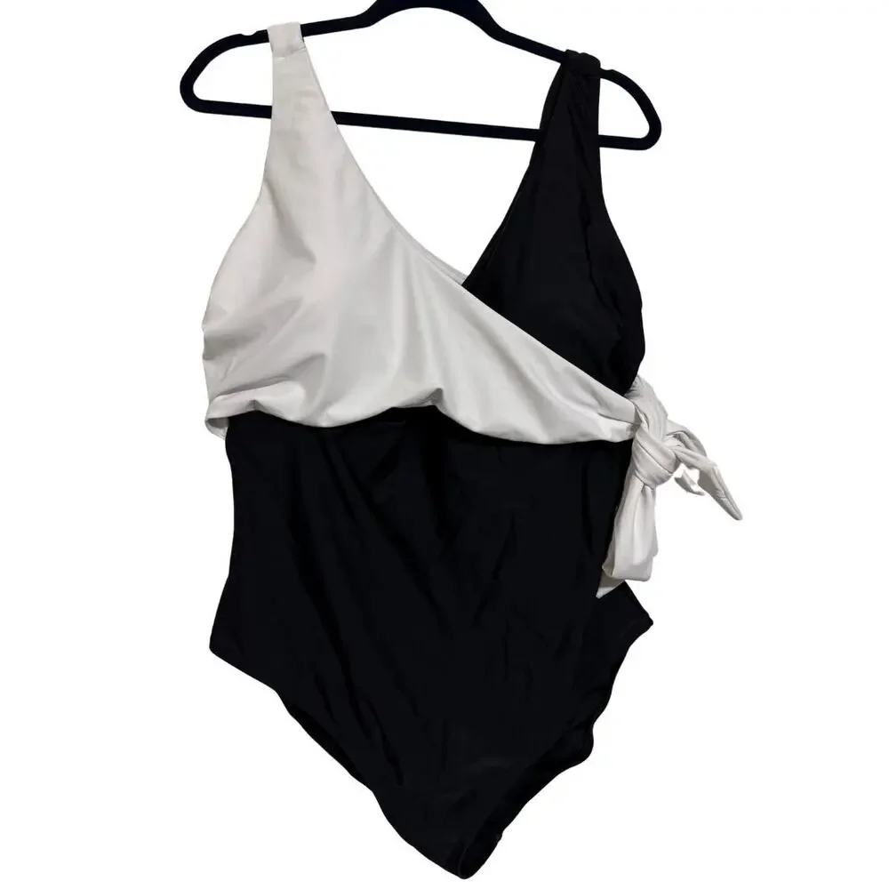 RAISINS CURVE One Piece Swimsuit 20W Black White Wrap Tummy Control NWT